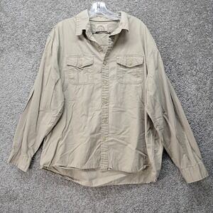 GH Bass Earth Mens‎ XL Khaki Tan Cotton Utility Button Down Shirt Long Sleeve